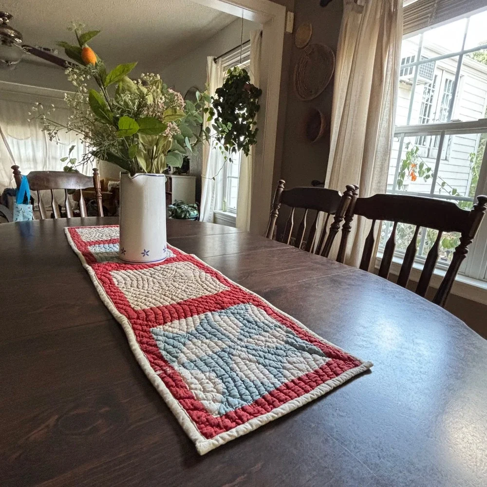 Reversible Patchwork Table Runner Americana Red Cream Blue Star Farmhouse 44x11